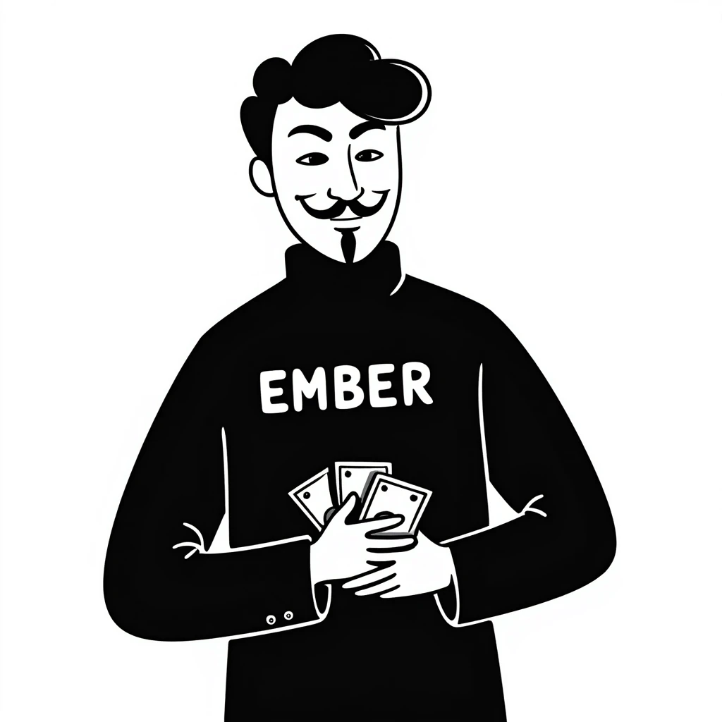 A man in black clothes with an Anonymous mask, holding money, ember text emoji