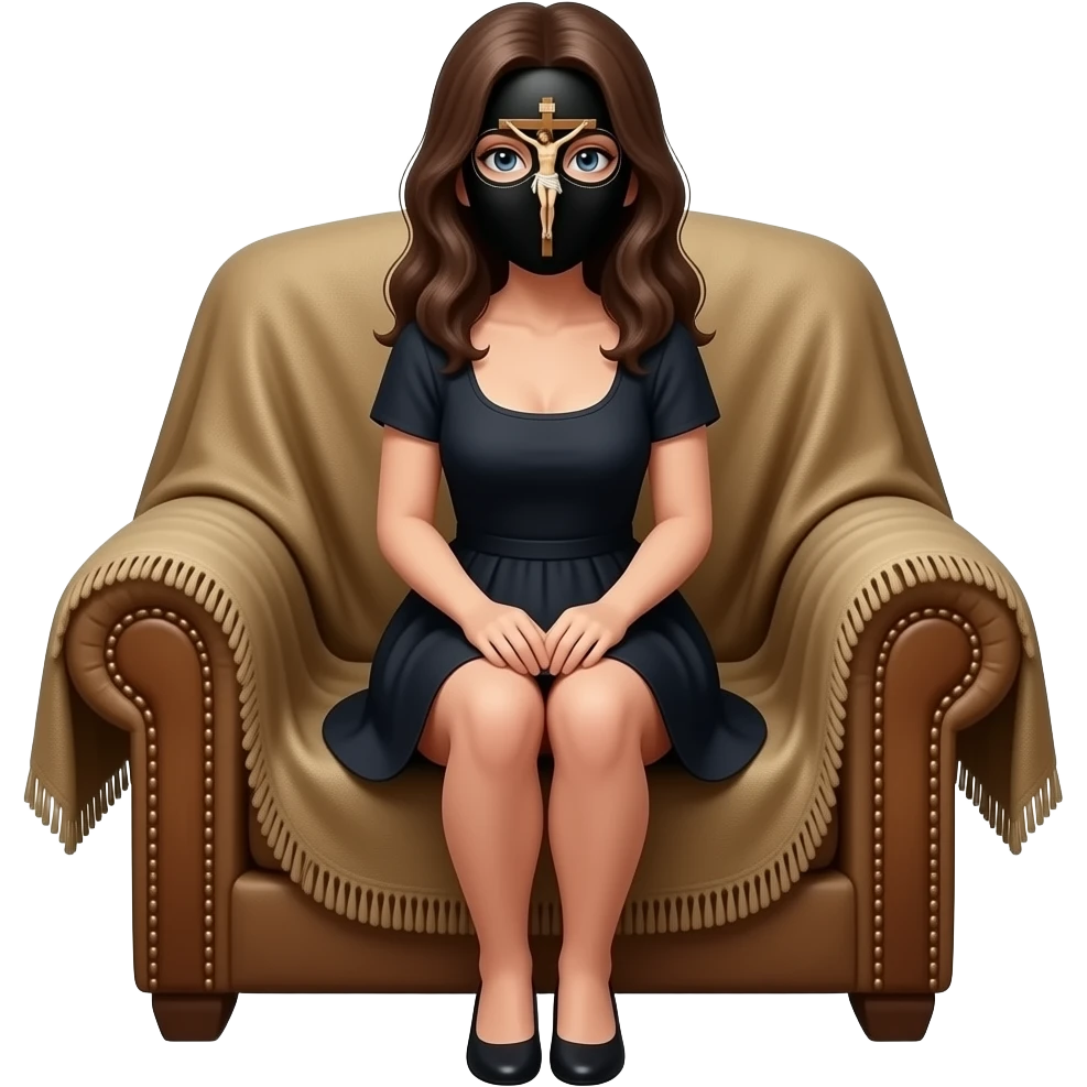 The female vintage figure is in a crouching on the armchair covered with heavy fabric. The most prominent detail is the black mask with a small figurine of the crucified Jesus sewn between the eyes emoji