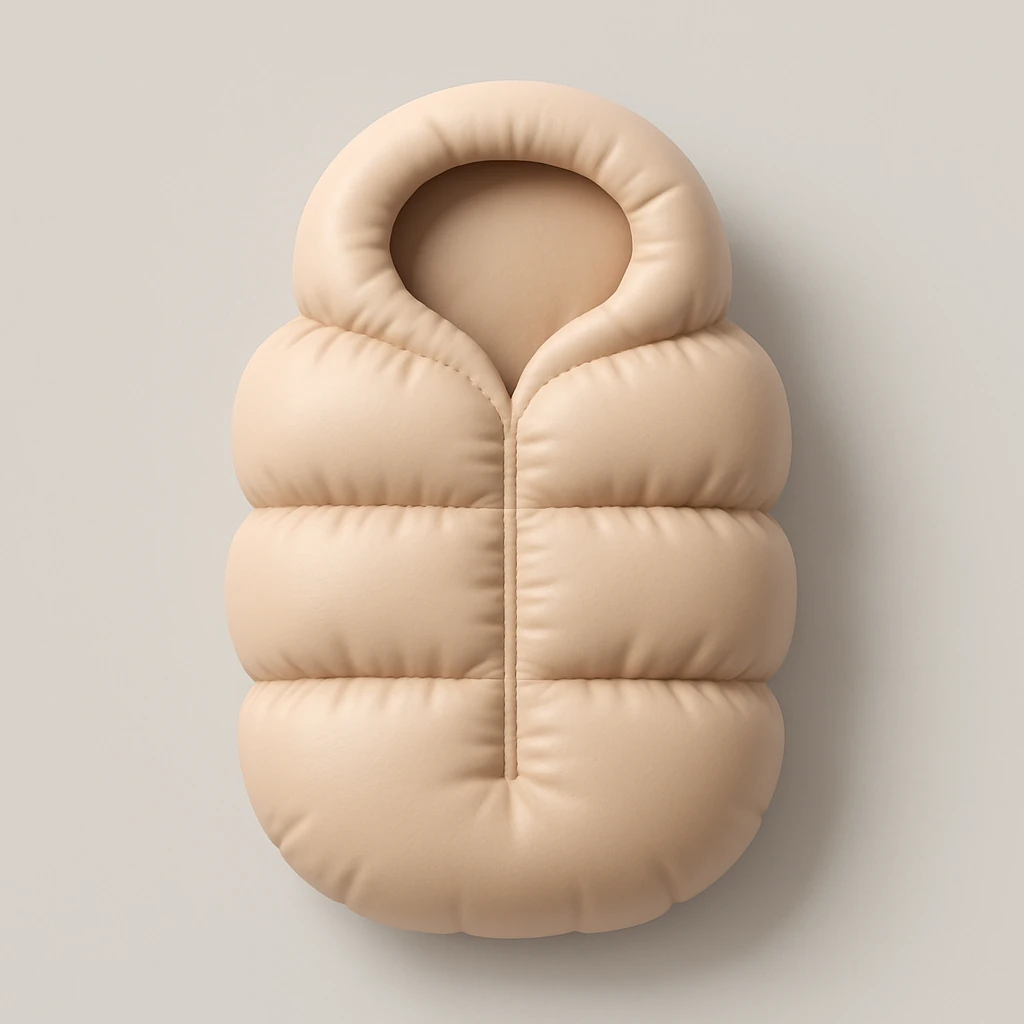 aesthetic sleeping bag icon, smooth organic 3D style, soft beige color palette, minimal and elegant, not blocky, rounded shapes, soft lighting emoji