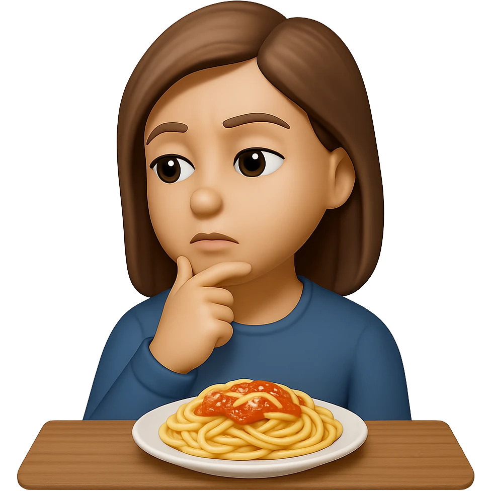 donna che guarda pensierosa un piatto di pasta, stile emoji iphone, iperrealistico 4k emoji