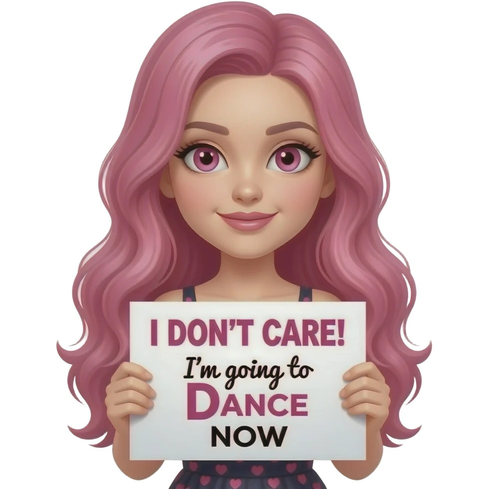 sexy girl with long pink hair and pink eyes wearing a dress holding a I DON'T CARE! I'm going to DANCE NOW sign emoji