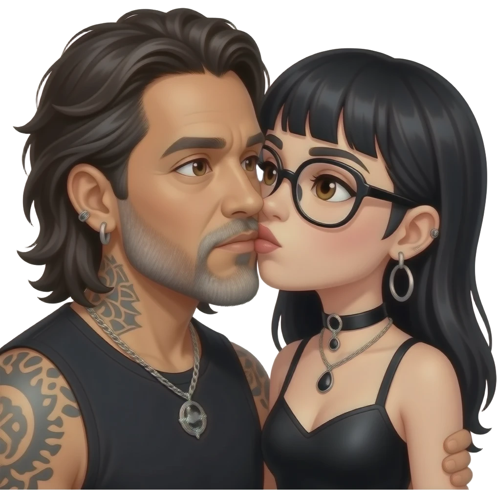 The handsome manly Latino podcast host with medium length hair, a long slightly graying beard and tattoos with his ears pierced 1 time each ear and a nose ring on the right side, dark brown eyes, wearing black, and jewelry, kissing a semi gothic woman with oversized glasses emoji