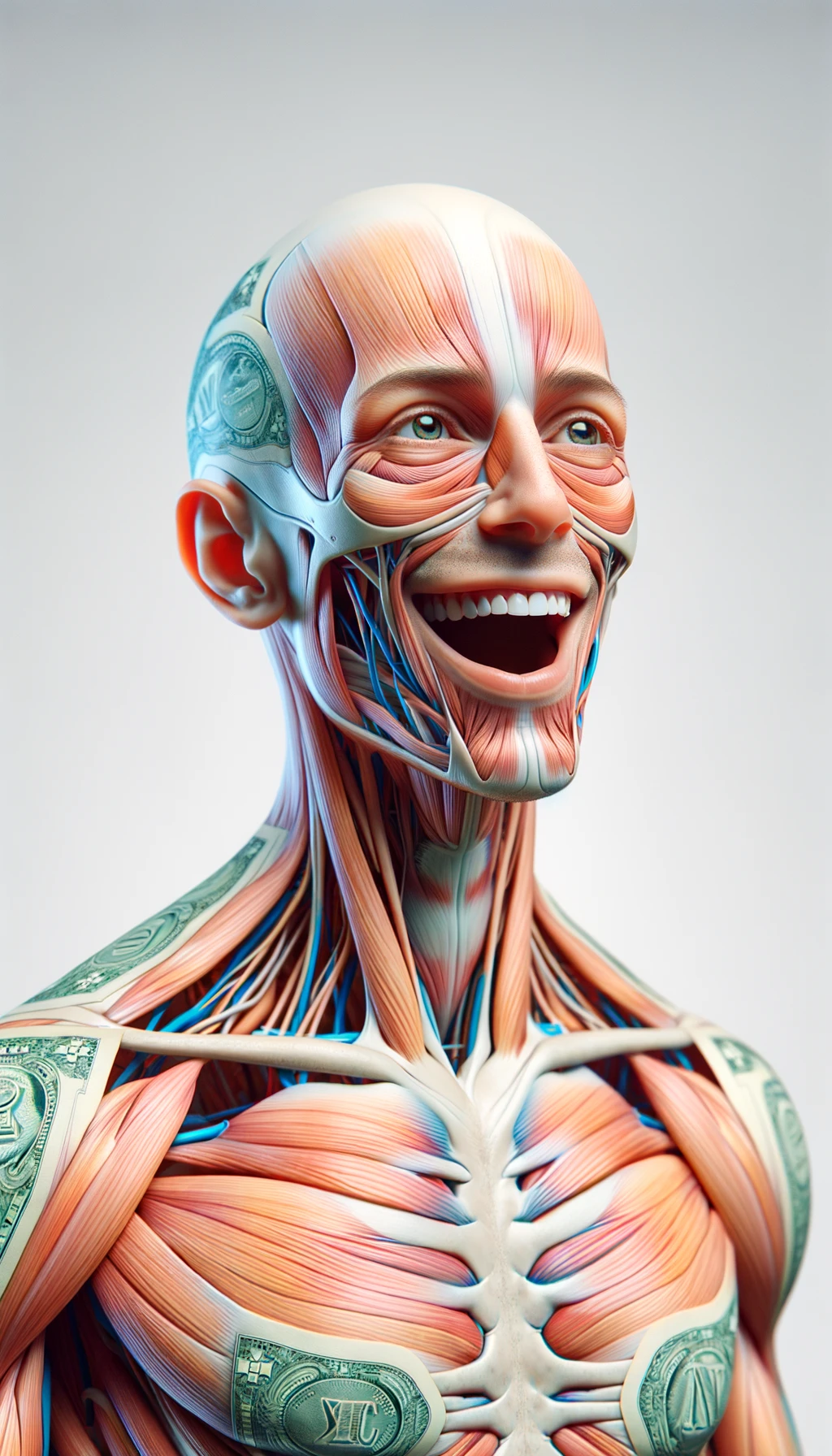 corpo umano anatomico sereno e felice con banconote sparse appiccicate sul corpo, colori realistici del corpo, espressione stupita, iperrealistica 4k, isolato su sfondo bianco emoji