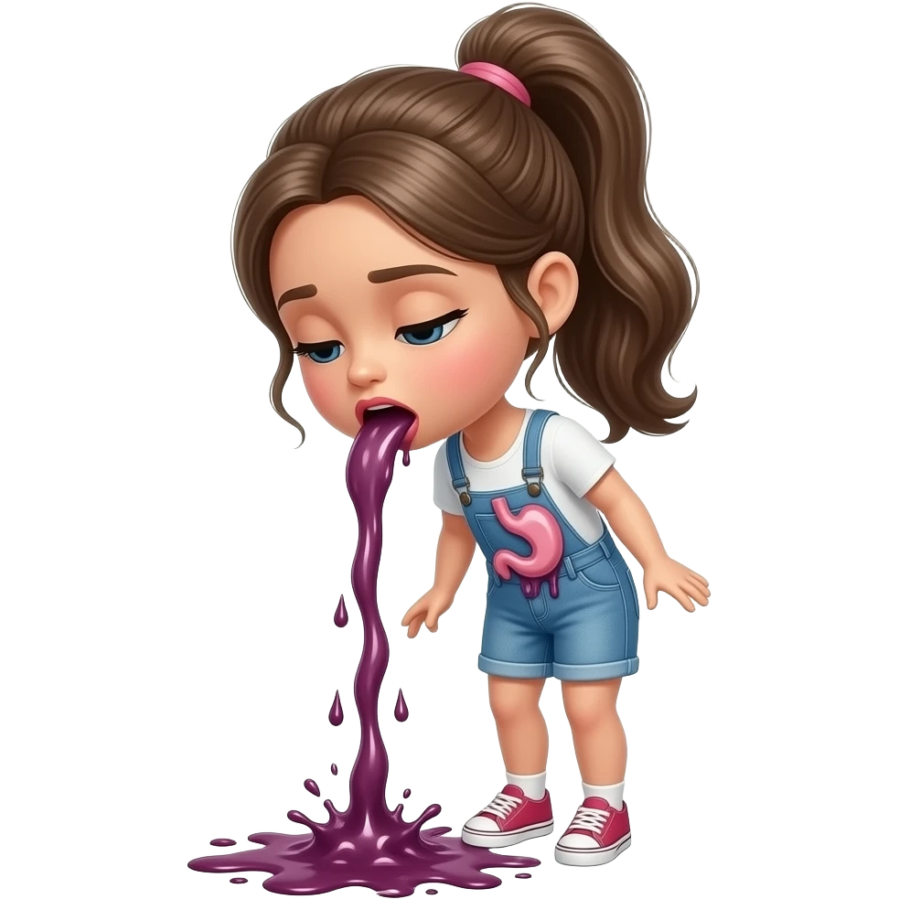 A full-body doll with a pretty ponytail is vomiting from her stomach through her mouth, spewing it out onto the floor at her feet emoji