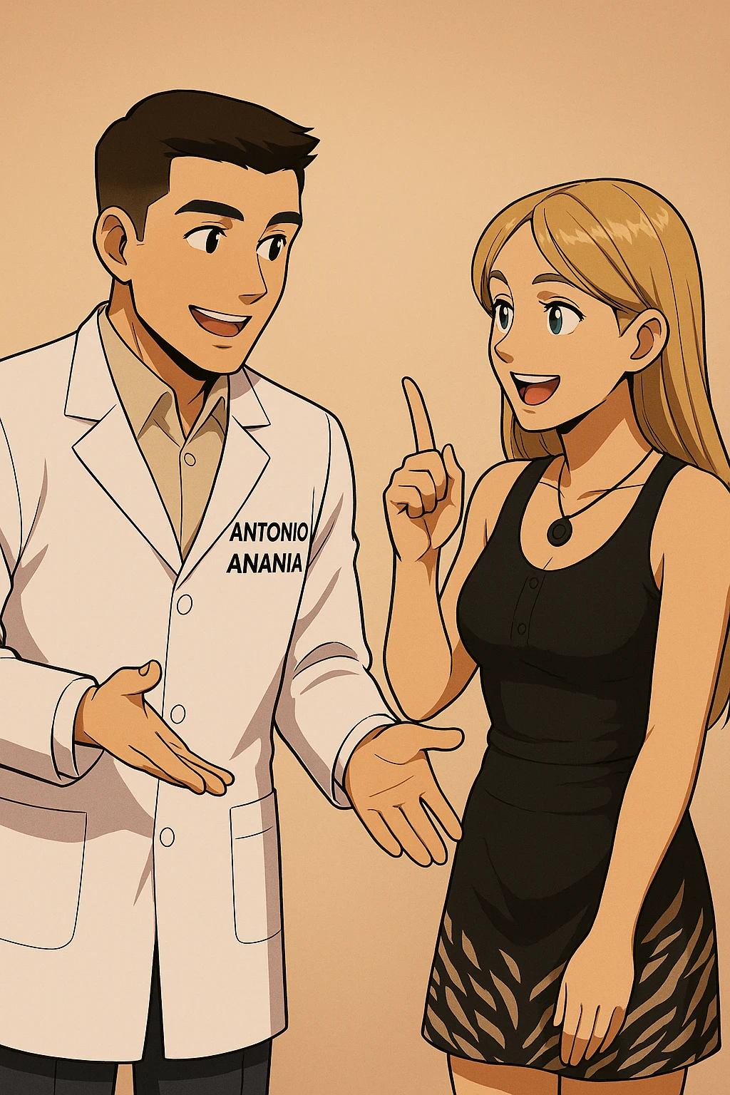 fai un webtoon/manga a colori con questo kinesiologo in camice bianco (fagli la scritta "ANTONIO ANANIA" SUL CAMICE) CHE PARLA CON QUESTA RAGAZZA CON GLI OCCHI AZZURRI. la ragazza lo guarda entusiasta con un indice alzato, IL KINESIOLOGO ha un espressione felice e la aspetta a braccia aperte. NON FARE I FUMETTI, FAI SOLO LORO COME SE DIALOGASSERO emoji