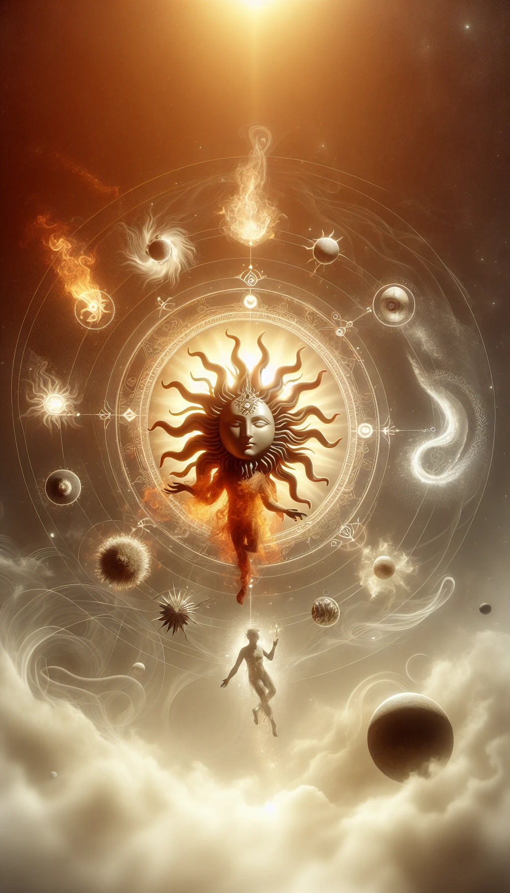 il sole è dio, sfondo mistico neutro chiaro, attorno al sole fluttua una magia mitologica, iperrealistico 4k emoji