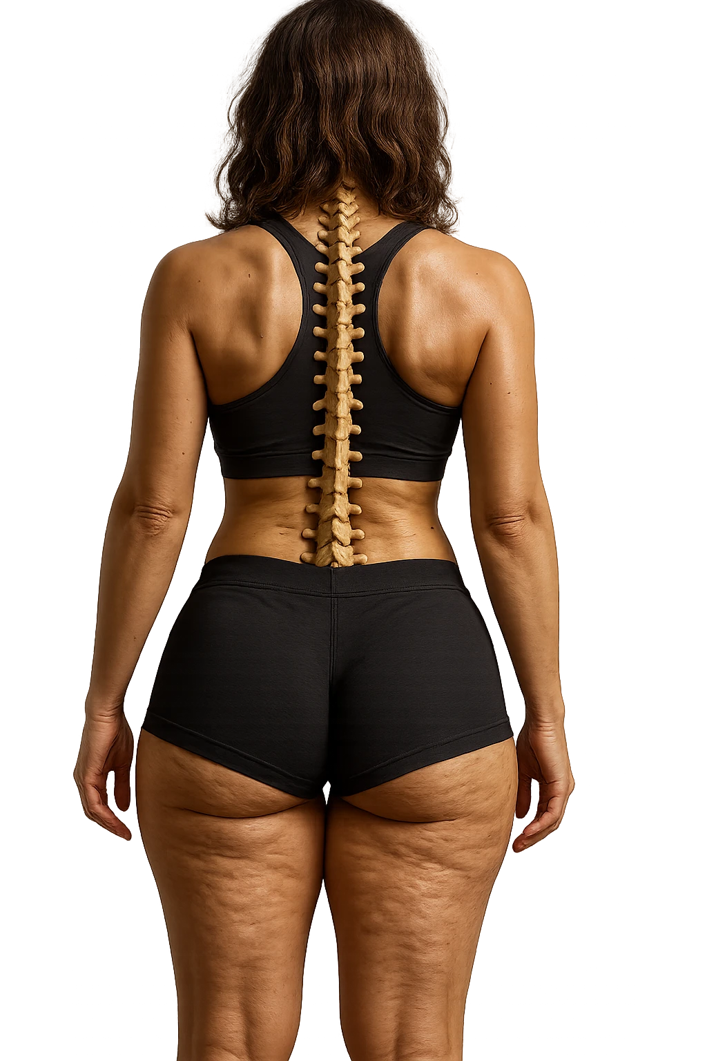 donna fitness di spalle in gym shorts con la cellulite sulle cosce, spina dorsale anatomica in evidenza, iperrealistica 4k emoji