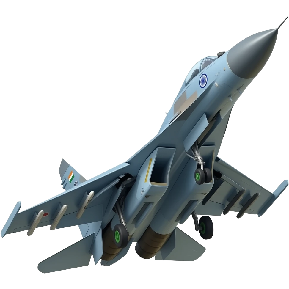 Su 30 mki emoji  take off in grey normal colour of Indian air force planes and the sticker of iaf and indian flag on front side of plane small  closed tyres and a shiny look emoji