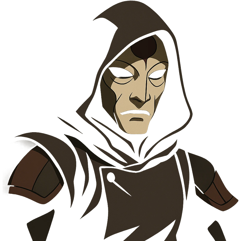 Amon from The Legend of Korra, masked and hooded, dramatic shadowy cartoon style emoji