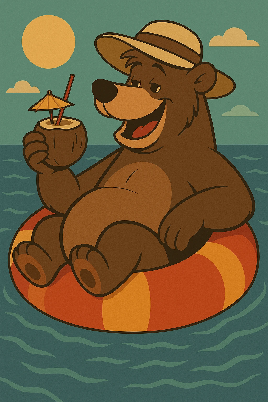Add a sunhat to Baloo the bear as he floats on an inflatable in the sea, keeping the fun vacation vibe and the vibrant flat toon cartoon style with lively colors. emoji