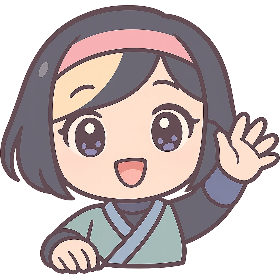 Sexy anime chibi style: kawaii chibi ninja girl with black short hair and a blonde streak, only head and arms, big sparkling anime eyes, rounder face, small mouth, soft shading, pastel colors, clean outlines, transparent background, no mask, hand fully raised, waving, smiling, subtle sexy charm, sized for Twitch emoji use. emoji