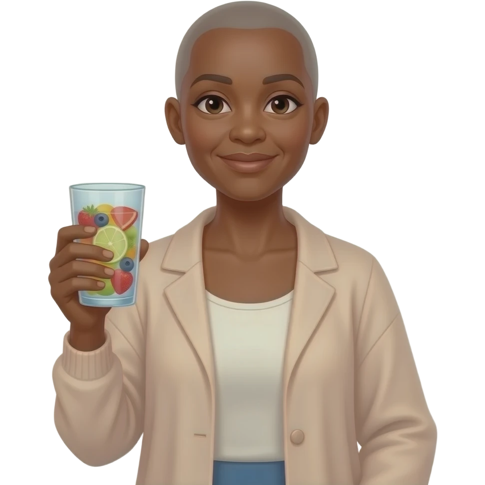 AFRICAN AMERICAN WOMAN WITH NO HAIR IN HER 50S IN FLOWY CARDIGAN HOLDING A CUP OF FRUIT INFUSED WATER emoji