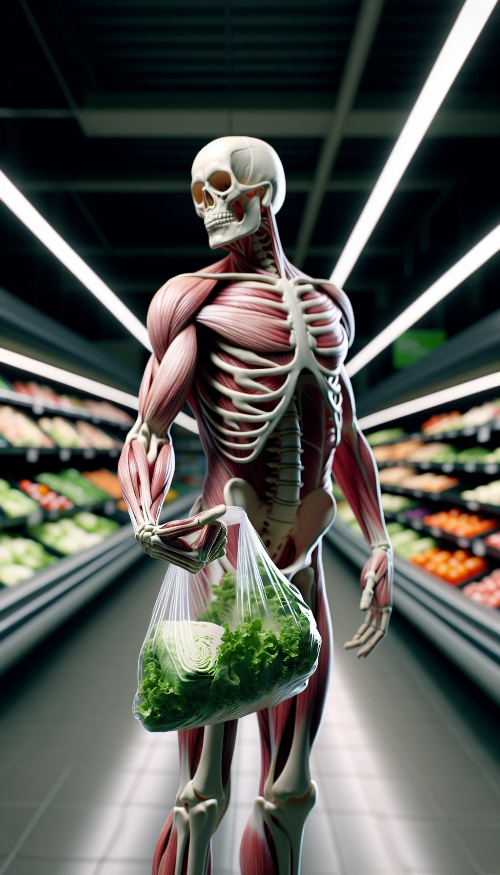 corpo umano anatomico in un supermercato che tiene in mano una busta di insalata di plastica, supermercato sfocato sullo sfondo emoji