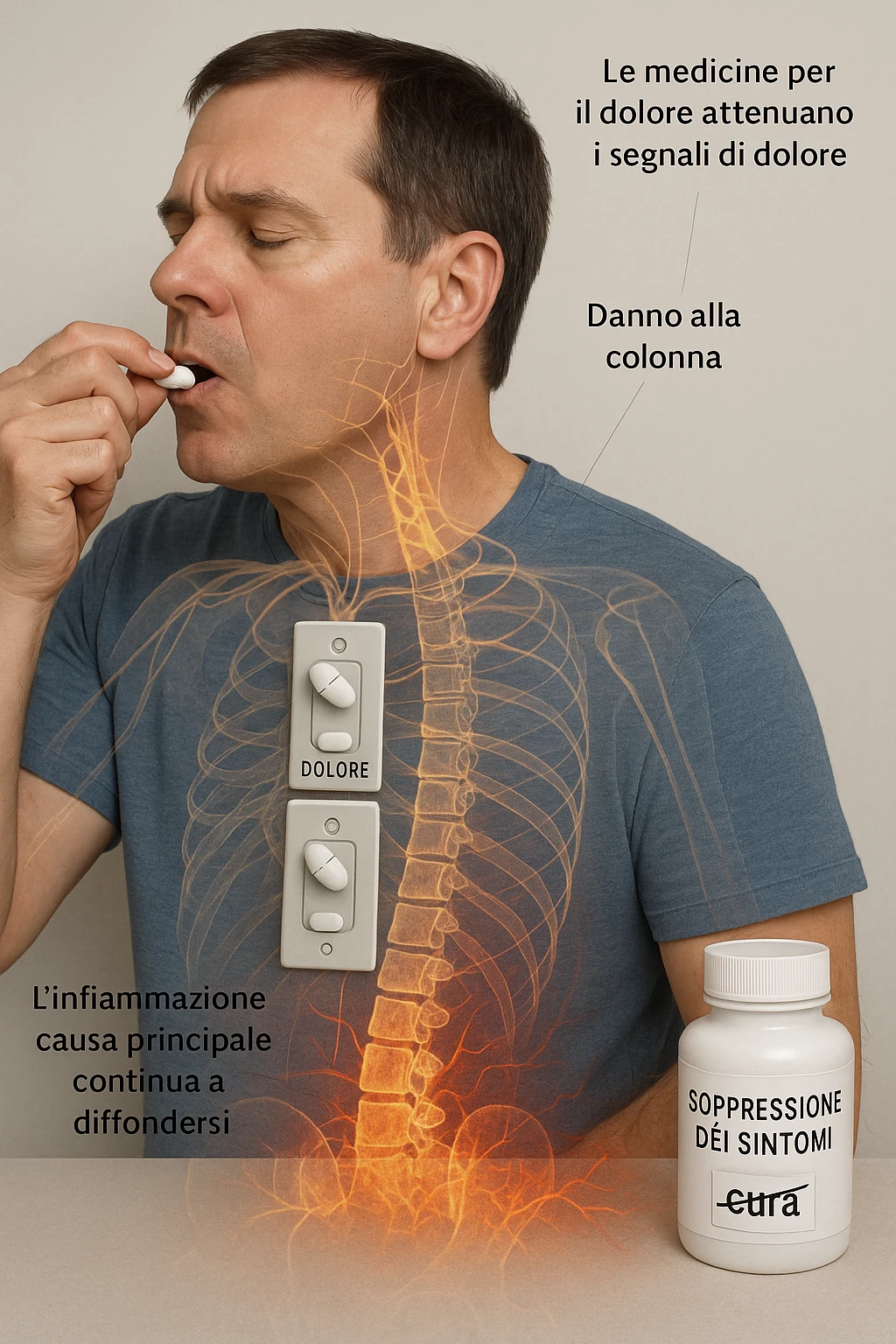 Realistica Man taking pain medication for chronic back pain, pills shown as dimmer switches turning down pain signals in transparent nervous system overlay, underlying spinal damage remaining completely untreated and worsening, expression of temporary relief masking progressive deterioration, medication bottle labeled 'symptom suppression' not 'cure', root cause inflammation continuing to spread in italiano emoji