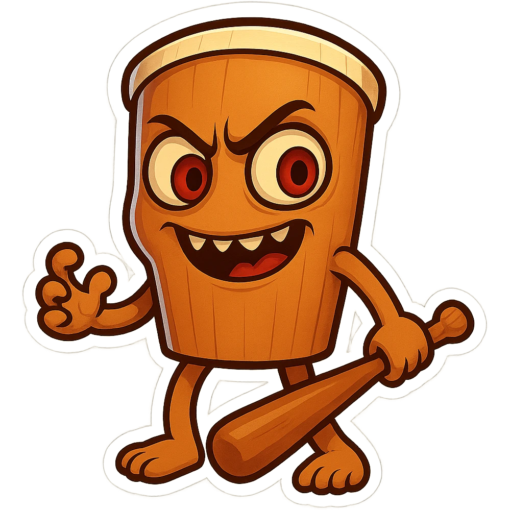 chibi emoji of Tun Tun Suhoor, wooden stick body with smooth brown texture, drum-like cylindrical body, holding baseball bat, cartoon style, bright vivid colors, expressive face, dynamic pose, a bit creepy yet funny,  emoji