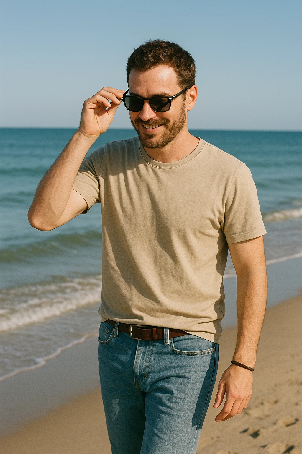uomo passeggia a mare e si mette gli occhiali da sole emoji