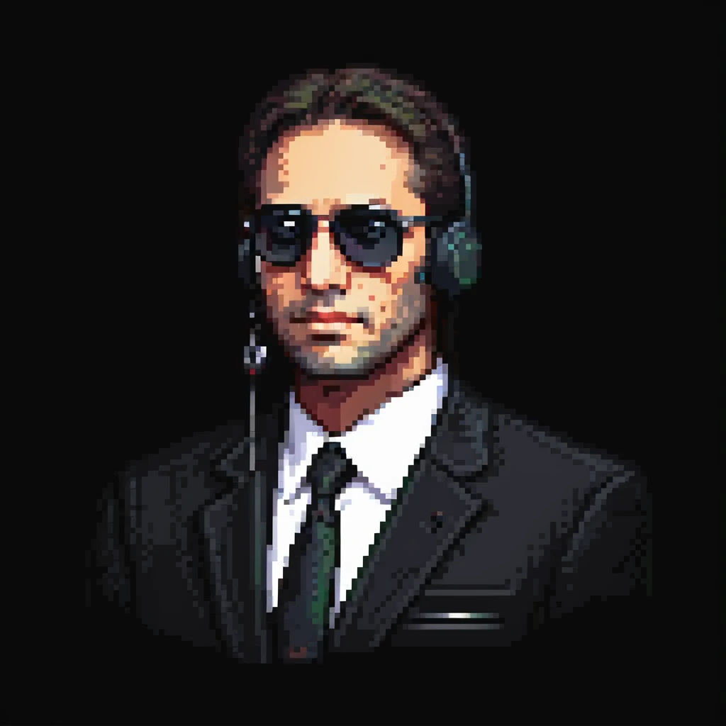 Mossad spy wearing a dark suit, sunglasses, and earpiece, mysterious expression, pixel art style, simple background emoji