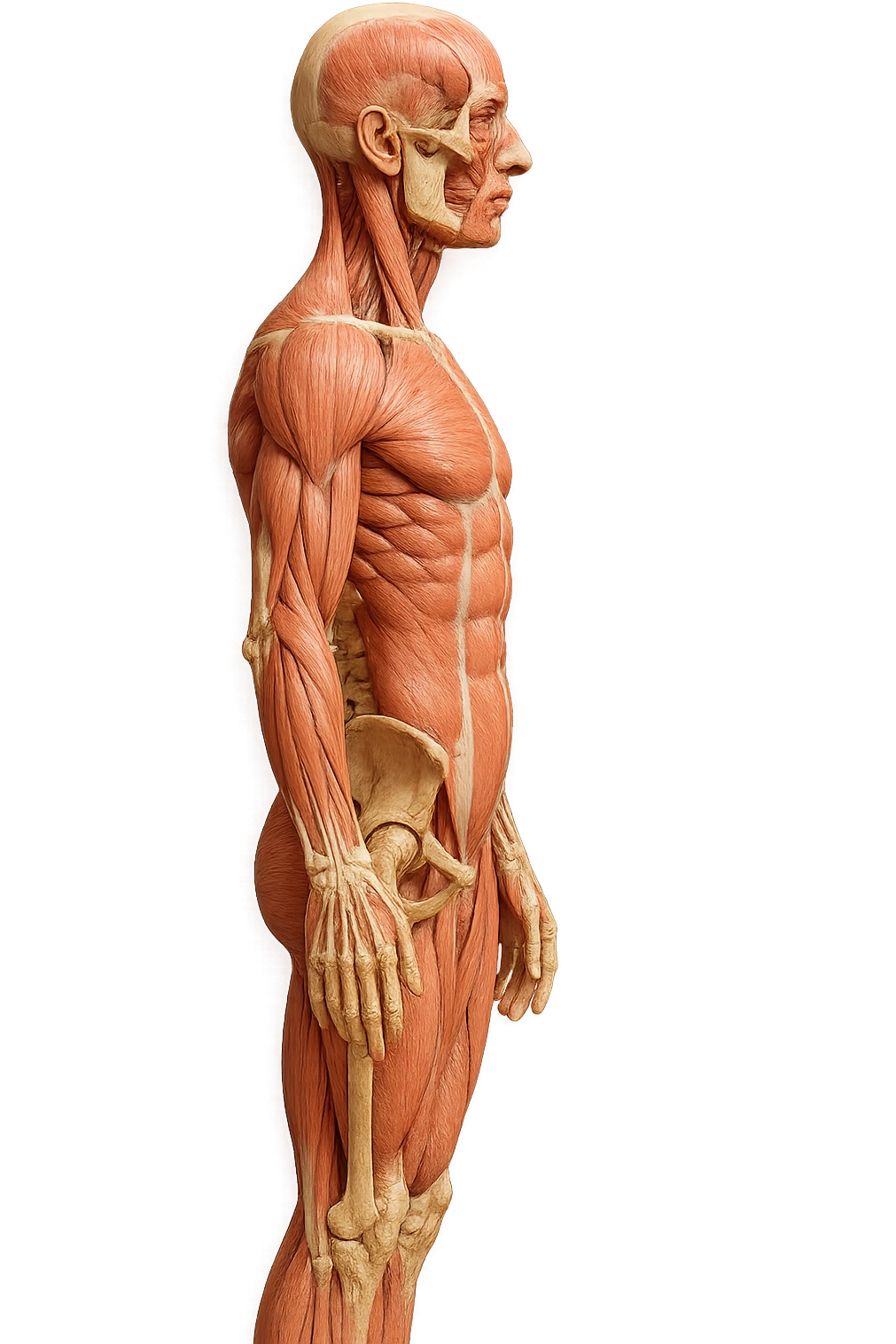 CORPO UMANO ANATOMICO REALISTICO DI PROFILO CON CURVA LOMBARE PIATTA, iperrealistico 4k emoji