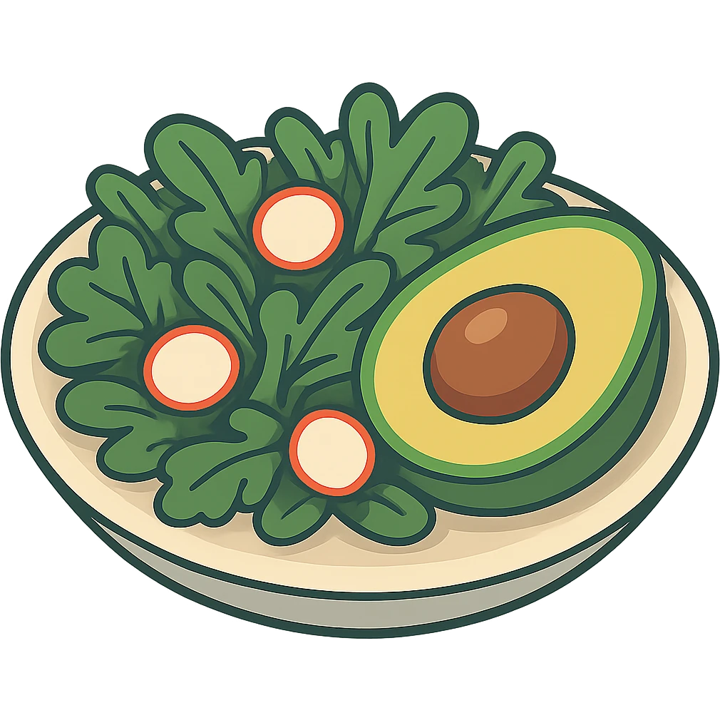 Edit the image to show the avocado as a halved avocado with the pit visible, keep the rest of the plate the same, in 2D isometric illustration style, with no background. emoji