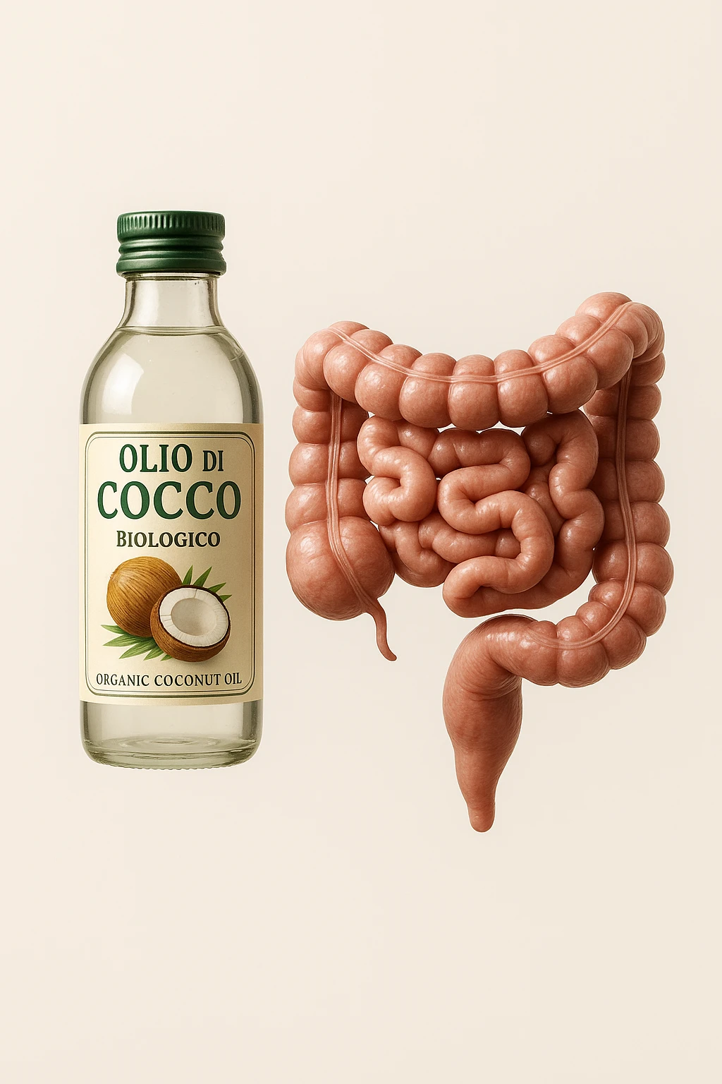 BOCCETTA DI OLIO DI COCCO BIOLOGICO (FAI UN ETICHETTA SUL PRODOTTO IN ITALIANO) CHE FLUTTUA IN ARIA INSIEME A UN INTESTINO UMANO ANATOMICO IN PERFETTA SALUTE, SFONDO CHIARO, iperrealistico 4k emoji