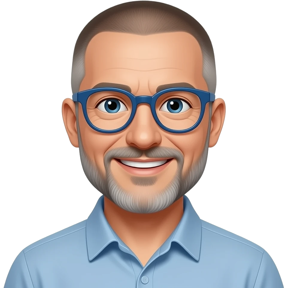 61 yo tall male, smiling,  short buzz cut, trimmed salt and pepper beatd, wearing round frame blue glasses emoji