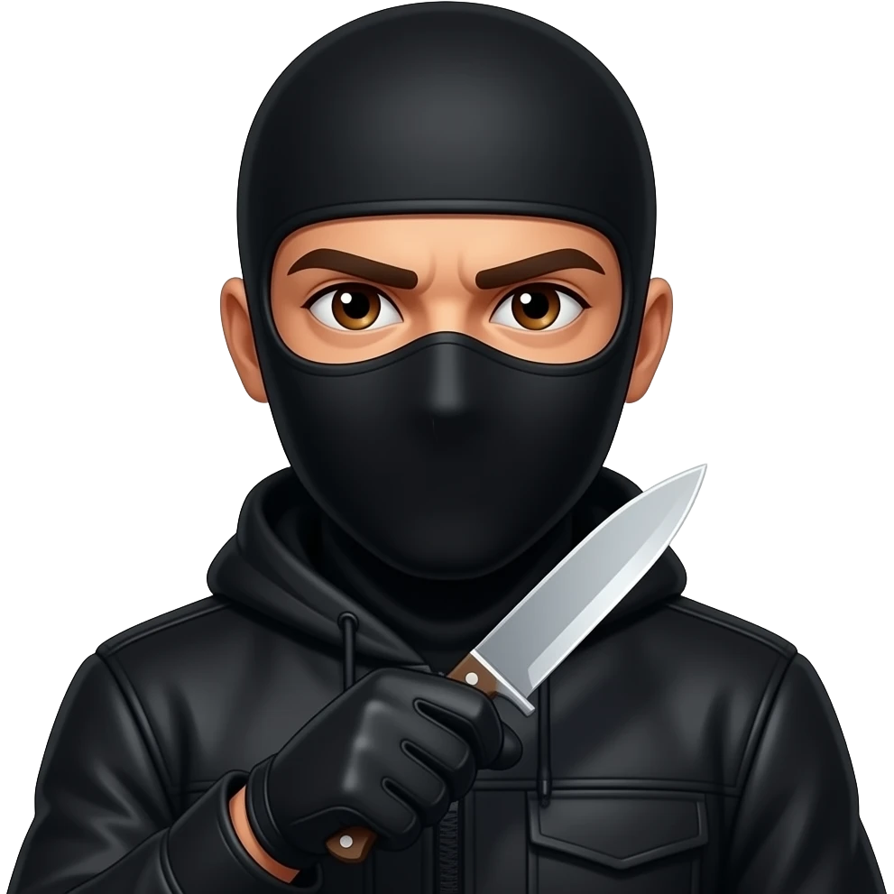 Spanish Man brown eyes wearing all black in balaclava and gloves with knife emoji