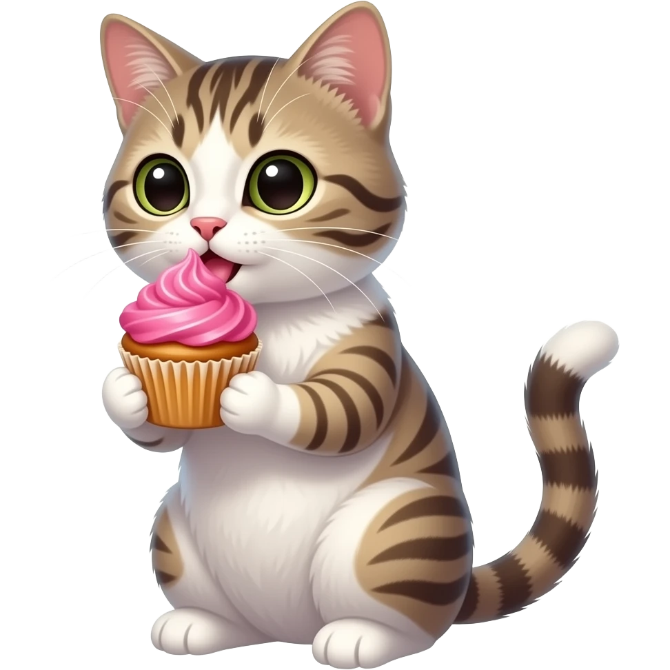 Cupcake com cobertura rosa mais um gato está saboreando sua deliciosa cobertura. emoji