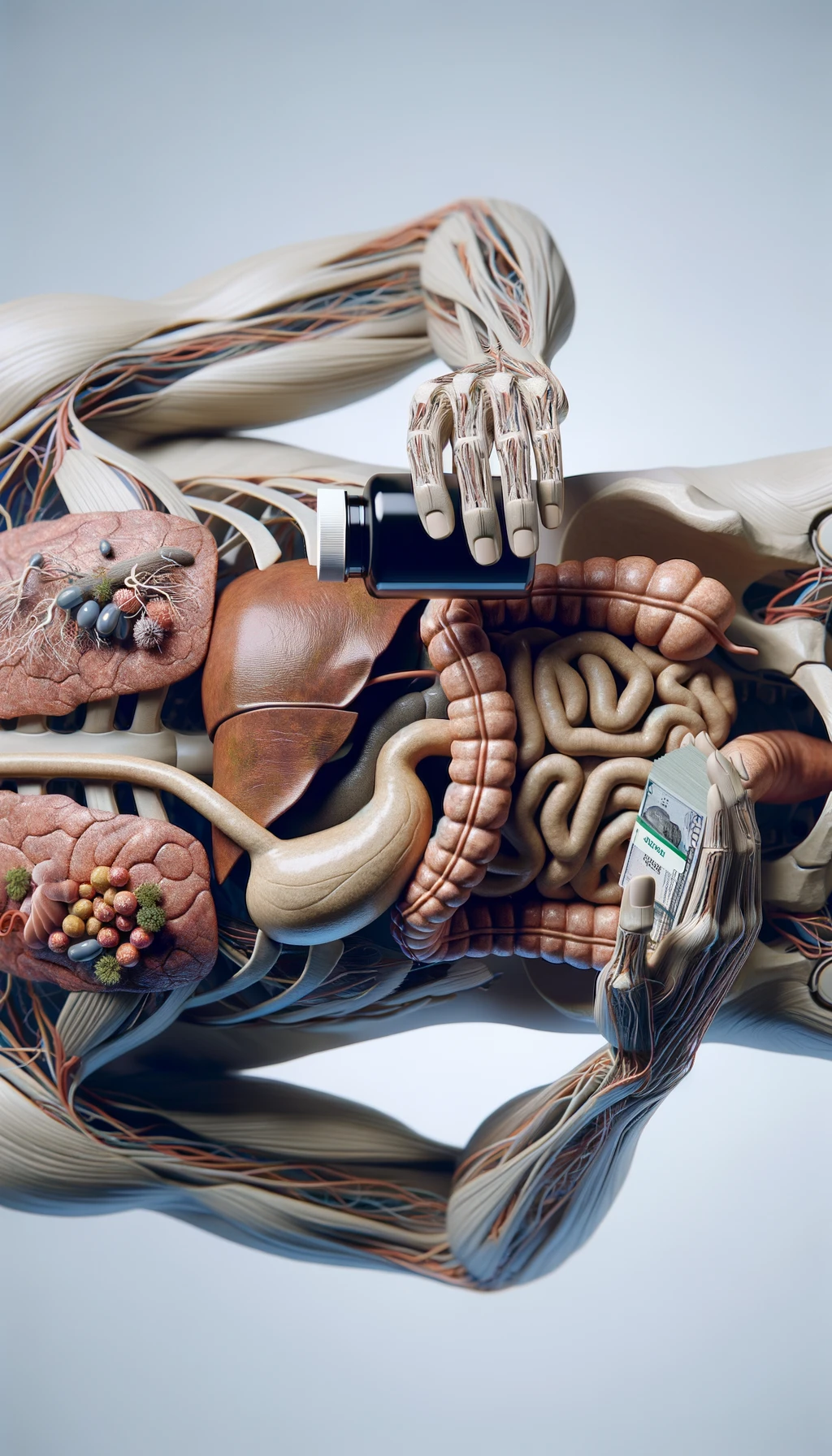 corpo umano anatomico con intestino umano anatomico realistico in evidenza che tiene nella mano destra una boccetta di integratore e nella mano sinistra delle banconote, sfondo neutro chiaro, iperrealistico 4k emoji