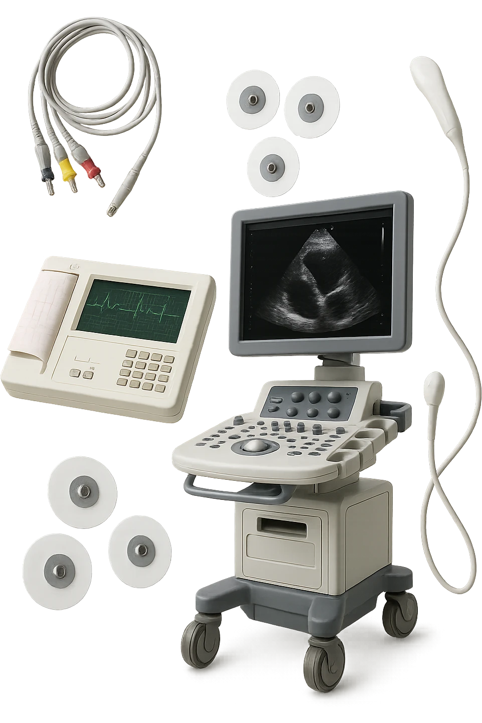 STRUMENTI MEDICI PER FARE ECG e ecocardio FLUTTUANO IN ARIA, iperrealistico 4k, isolato su sfondo bianco emoji