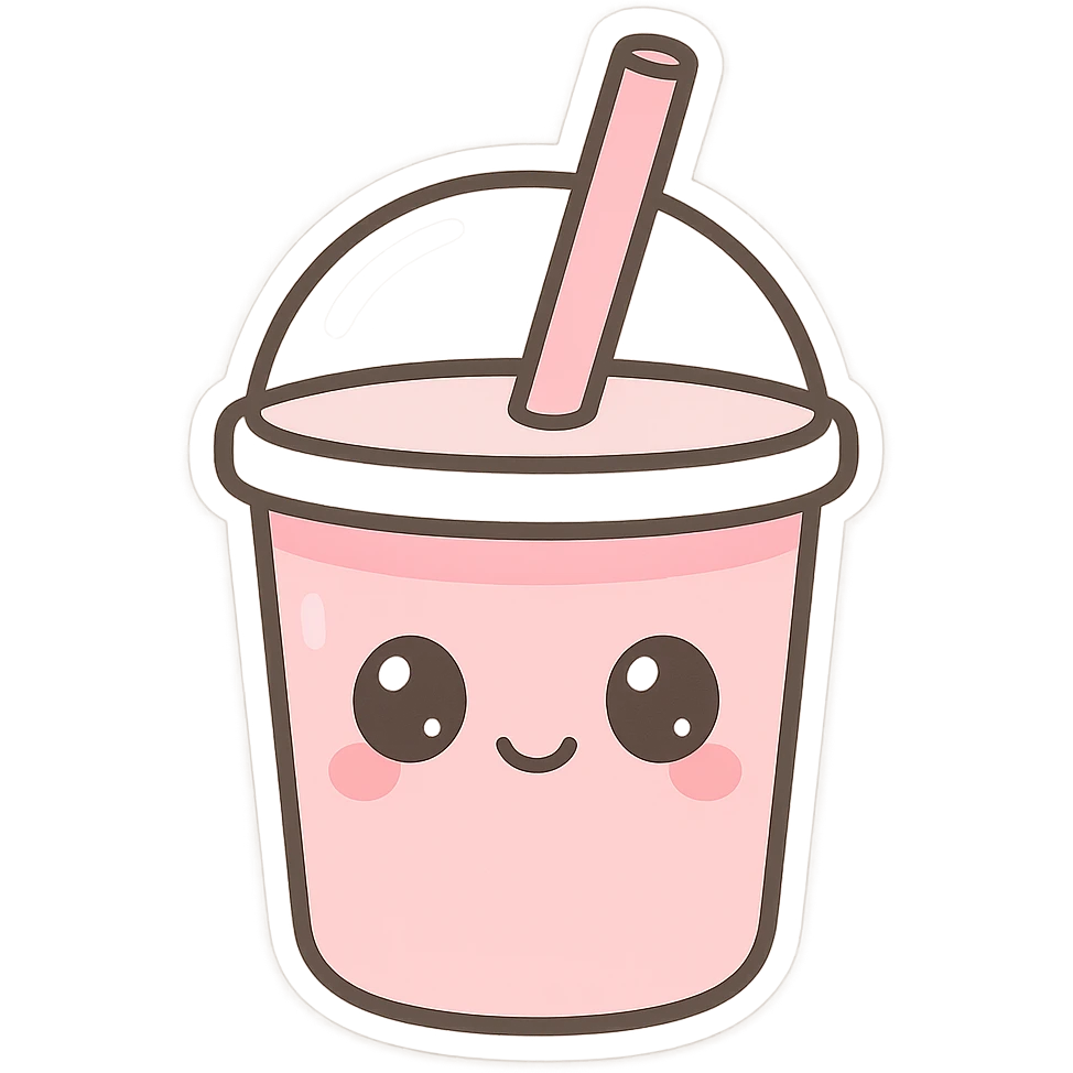 cute pink drink sticker, kawaii style, smiling face, pastel colors emoji