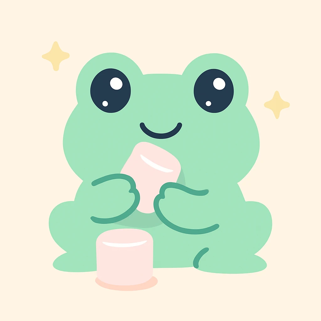 a cute frog eating marshmallows, playful style, colorful, fun, lighthearted emoji