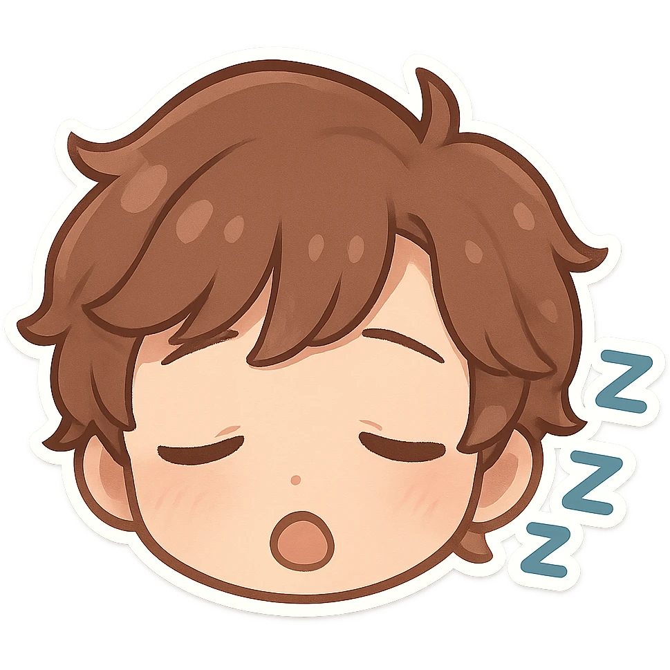 Create a chibi sticker of this person with a sleepy expression, only the head, transparent background. emoji