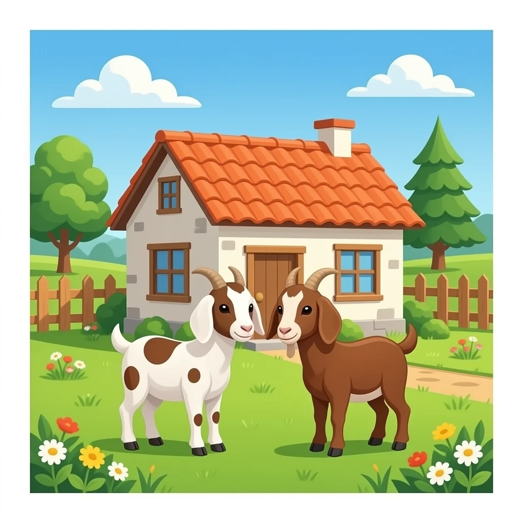 hazme la parte de dentro de una casa, la casa tiene que ser rustica. Pon algunas (2 o 3) cabras pequeñas con manchas marrones dentro de la casa. emoji