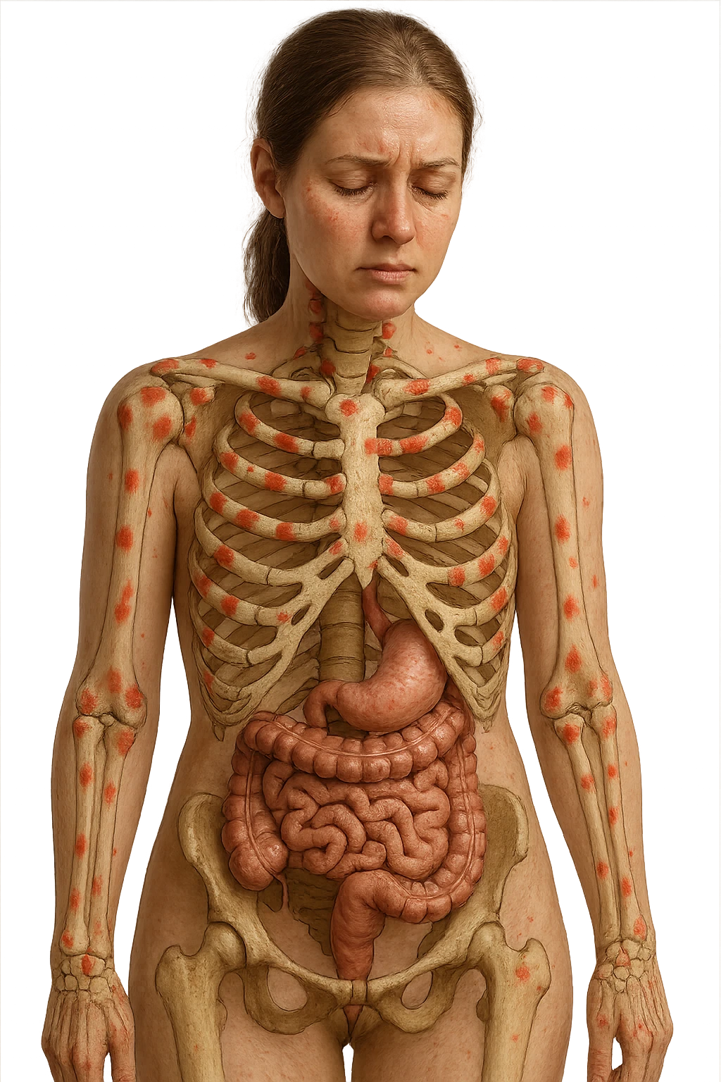 corpo umano anatomico di una donna affetta da fibromialgia, intestino anatomico realistico e red spot sparsi sulle sue ossa, iperrealistica 4k emoji