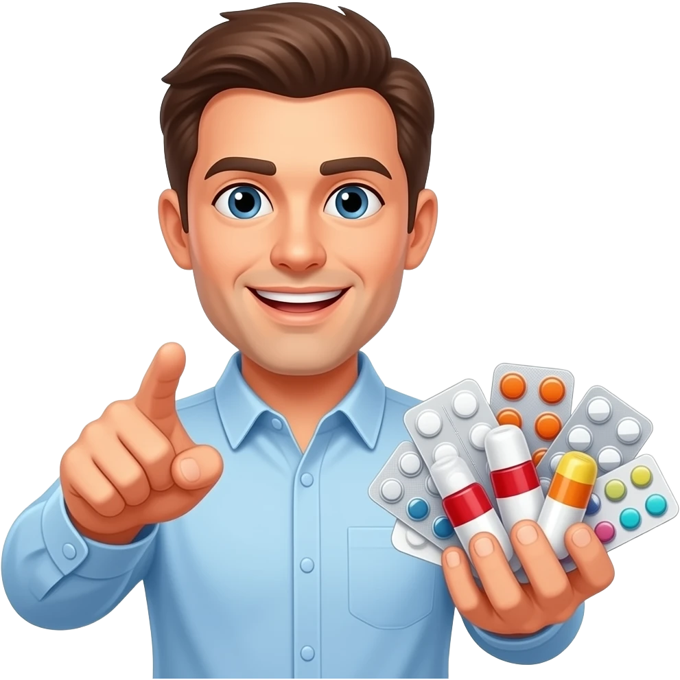 A man left hand pointing you, right hand holding plenty medicine and said 「有病就食藥」 emoji