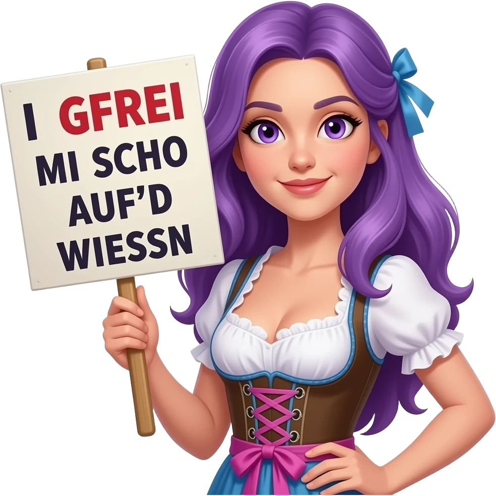 sexy girl with long purple hair and purple eyes wearing a dirndl holding a I GFREI MI SCHO AUF'D WIESN sign emoji