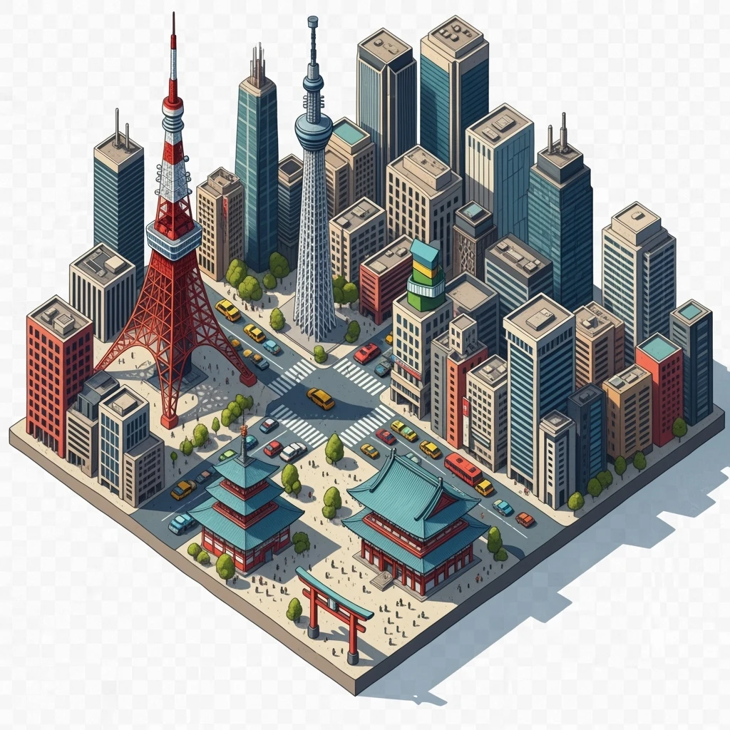 Isometric illustration of Tokyo,  detailed miniature cityscape with its most iconic landmarks and urban views, hand-drawn painterly style, slightly stylized but recognizable architecture, balanced colors, subtle 3D miniature effect, no cartoonish look, transparent background. emoji