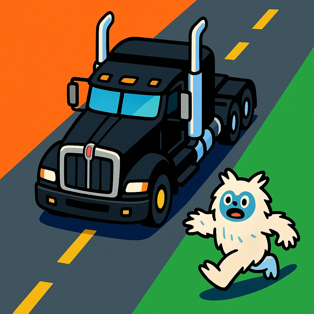 top-down perspective of a black Kenworth W680 flat top semi truck with chrome stacks chasing a small furry abominable snowman on a road, colorful and playful, no text emoji