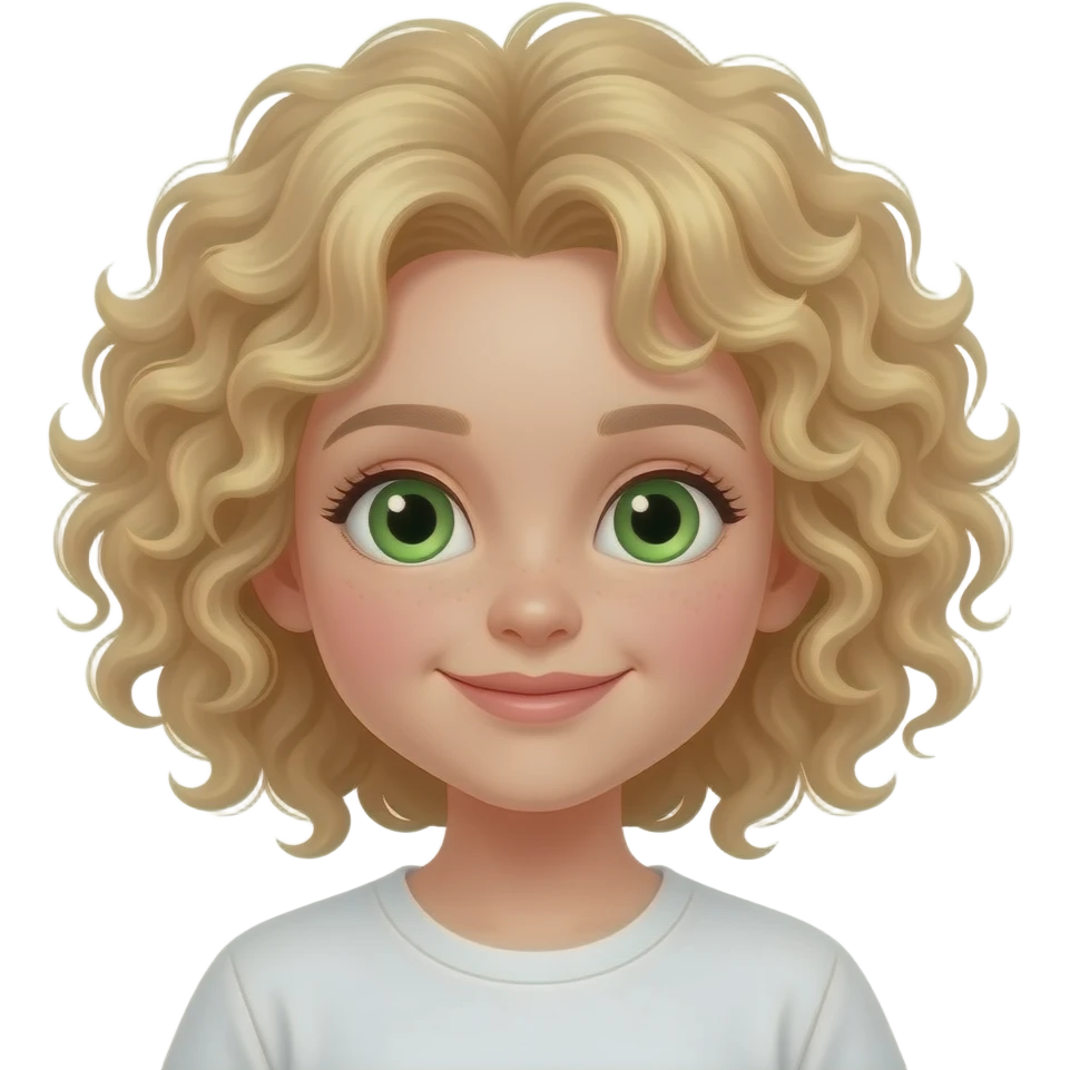 Niña pequeña rubia con el pelo afro, piel blanca y los ojos verdes. emoji