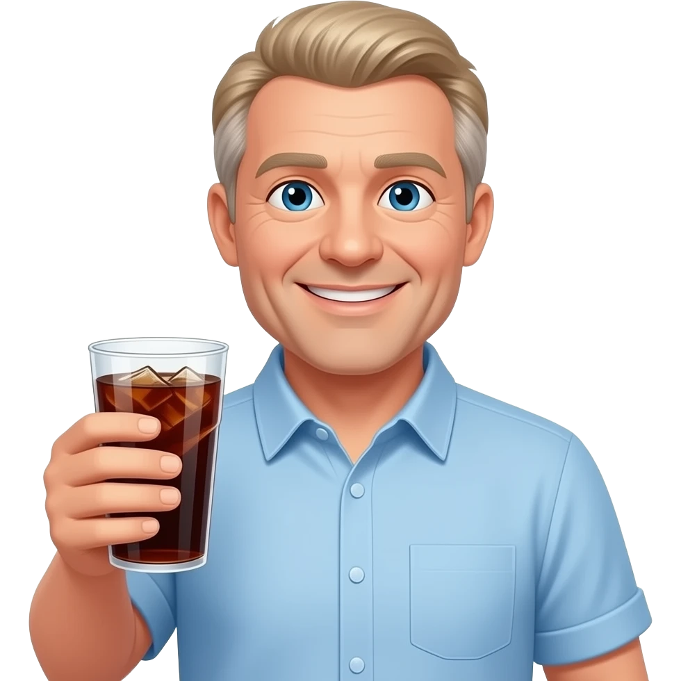 show me a raggad CLEAN SHAVEN looking pale white man smiling -with a round face- in his 50s in a light blue button down shirt-- clean shaven -with blond salt and pepper hair holding a cup of soda emoji