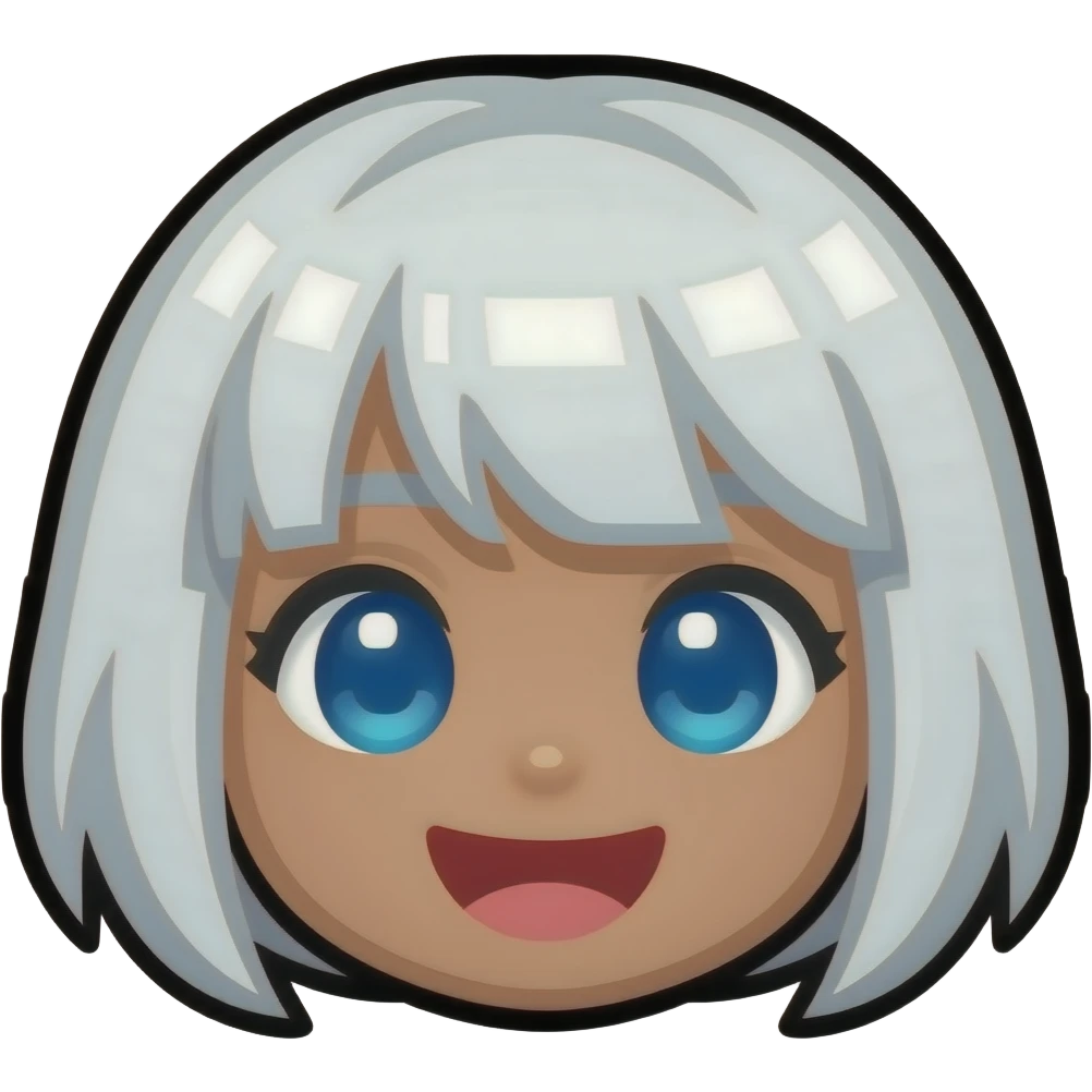 8-bit Chibi pixelated head icon of a girl laughing white white short hair blue eyes pixel eyes and brown skin emoji