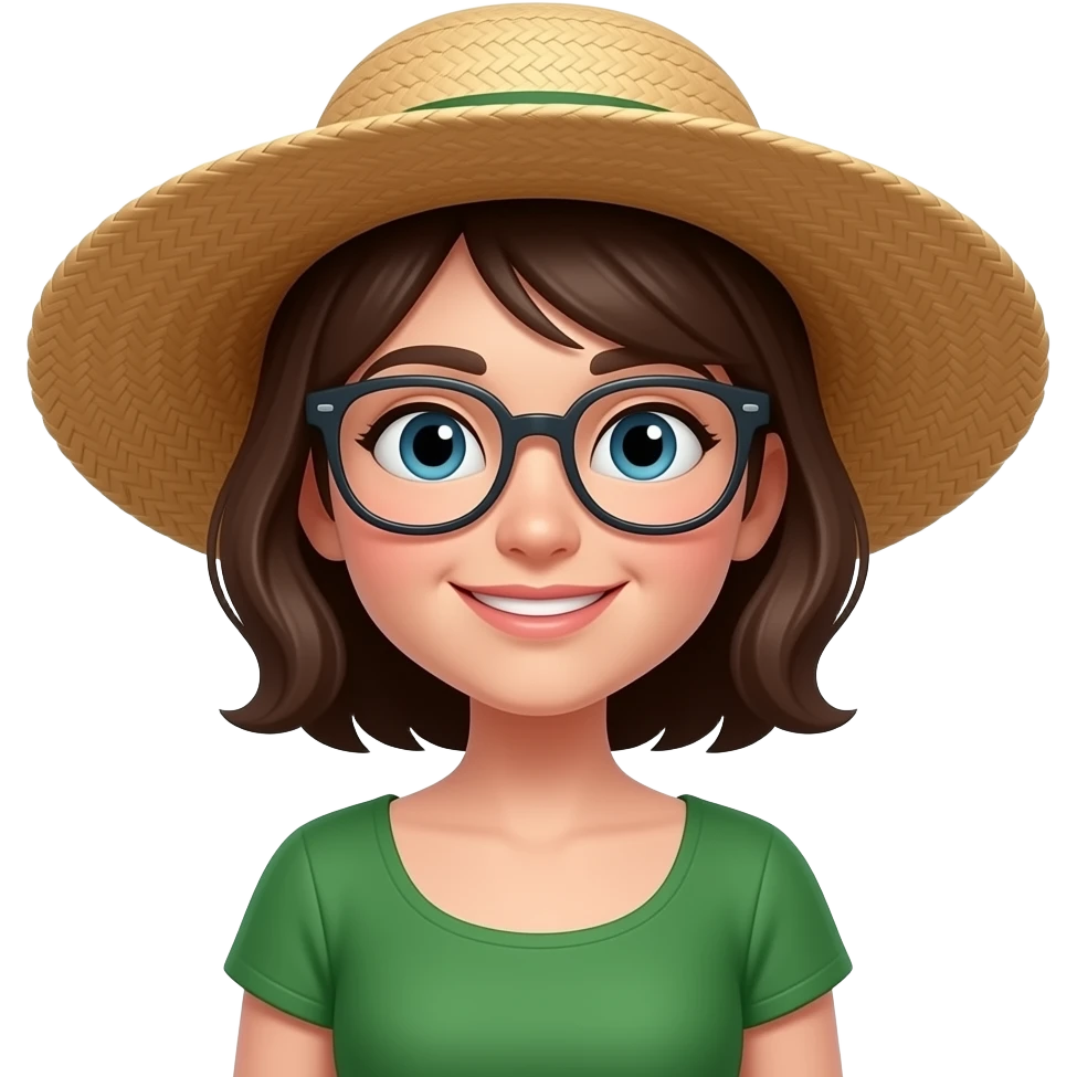 A character wearing a large wide-brimmed straw hat, wearing glasses, green dress. emoji