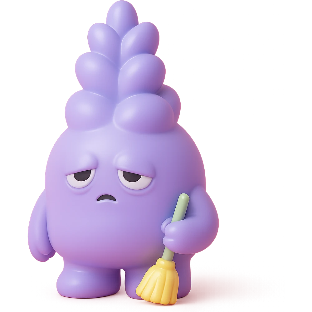 chubby lavender-colored lavender flower character with droopy eyes and a tired face, holding a tiny broom, vinyl figure style emoji