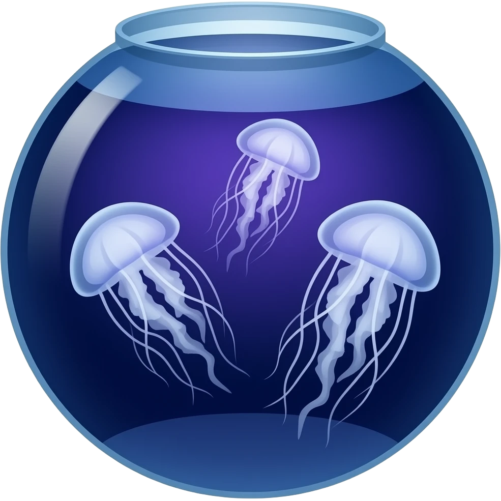 Big three jellyfish in a flat round aquarium swimming blue and purple light (dark water) emoji