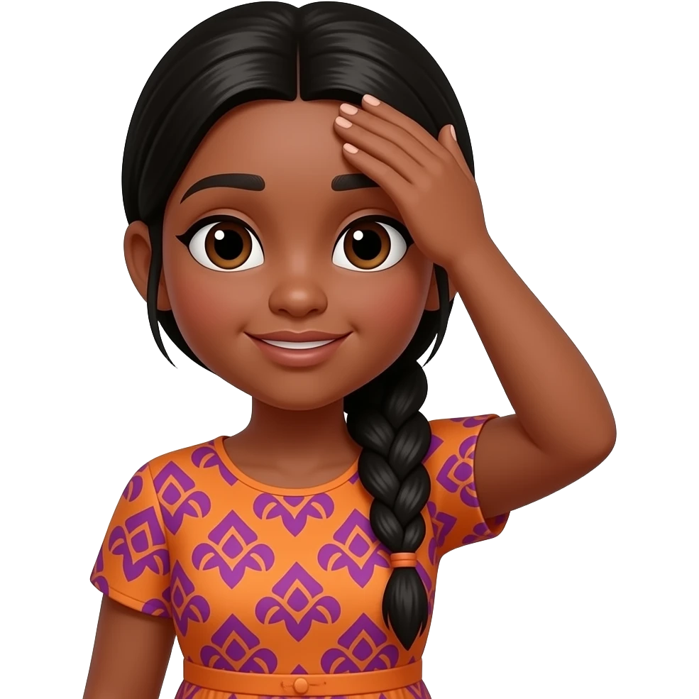 brown skin, long black hair in a braid, orange dress with purple patterns girl who slapping her forehead emoji