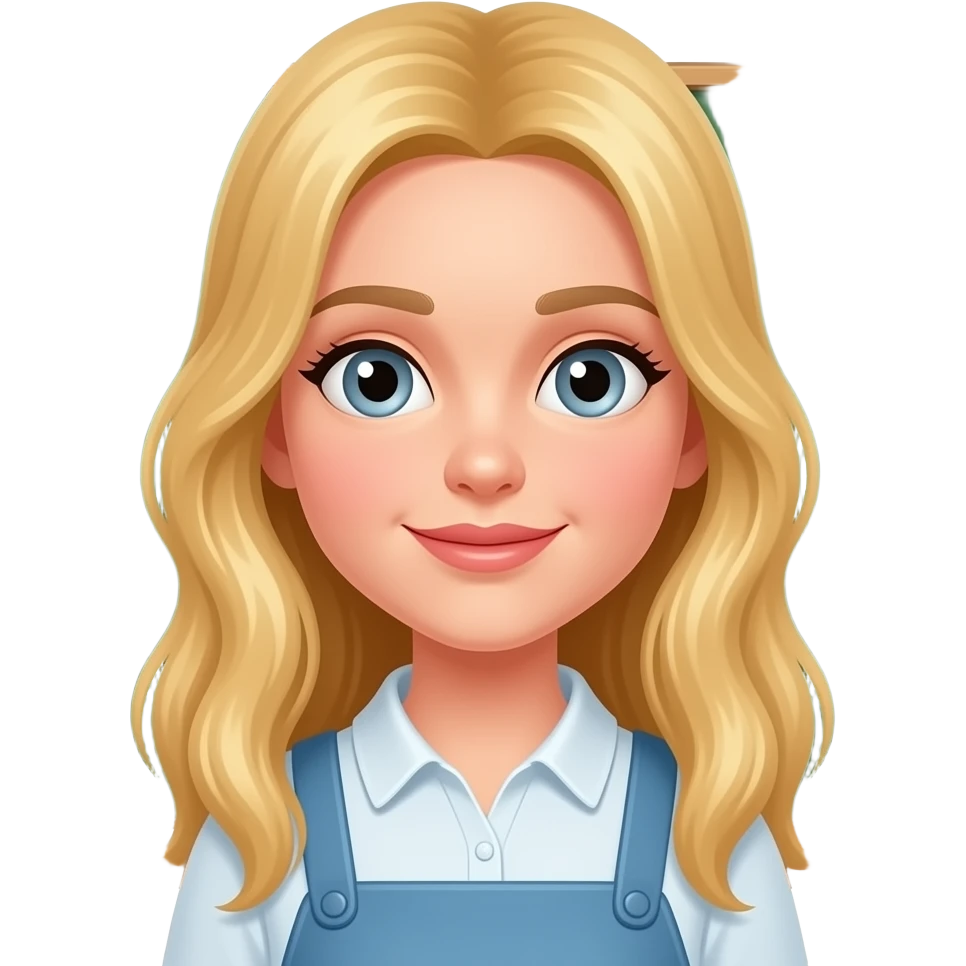 a girl with Blond long hair and grey eyes teaching english at the school green board emoji