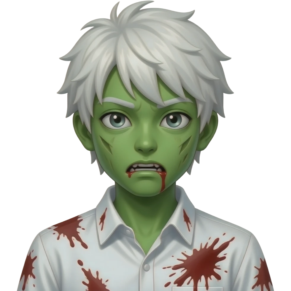 garoto zumbi japonês pele verde com cabelo com luzes brancas e com uma camisa branca com sangue emoji
