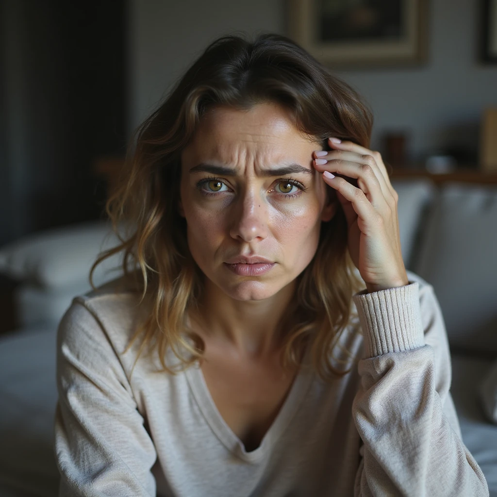 hyperrealistic 4K detailed image of a woman with hormonal imbalance, face alternating sad and irritated expression, hand holding head, domestic environment emoji