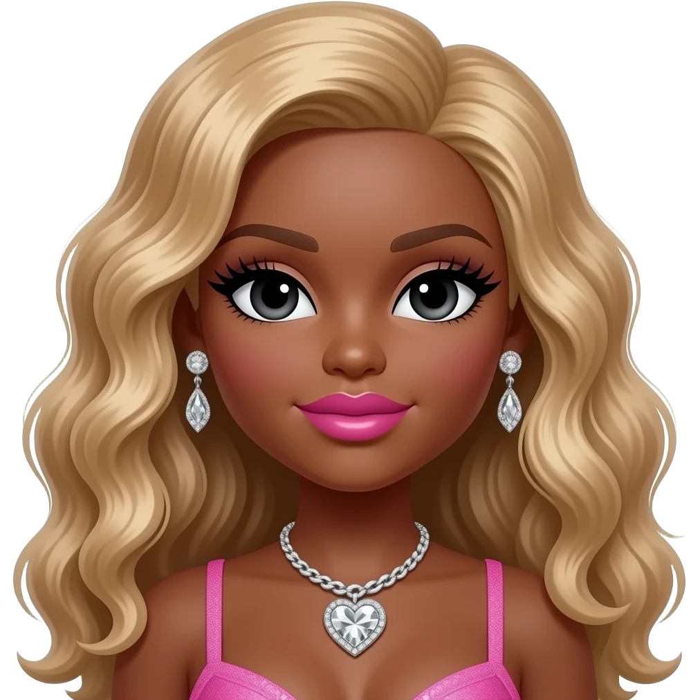 Black girl, Pink big lips, black doll eyes, dark brown skin, Long giant lashes,Doll faced shaped, silver Swarovski heart necklace, big diamond earrings studs, bimbo, black doll eyes, barbie, darker brown skin with long curly blonde hair, big breast, no bra emoji