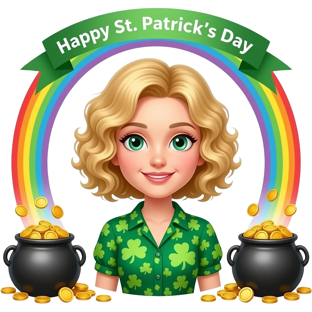 blonde tight curly hair in a short bob with St. Patrick's in a green blouse with rainbow and a pot of gold and Happy  St. Patrick's Day over my head emoji